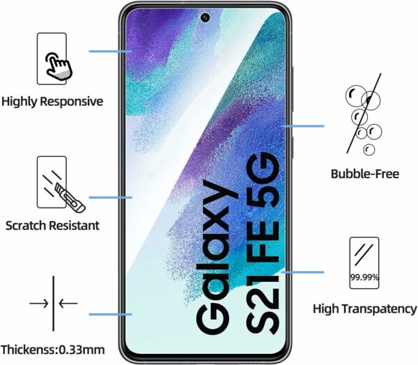 2 Stück Displayschutzfolie aus Hartglas für Samsung Galaxy S21 FE 5G, ohne Luftblasen, sehr robust (0,33 mm HD Ultra Transparent), Härtegrad 9H Glas – Bild 3